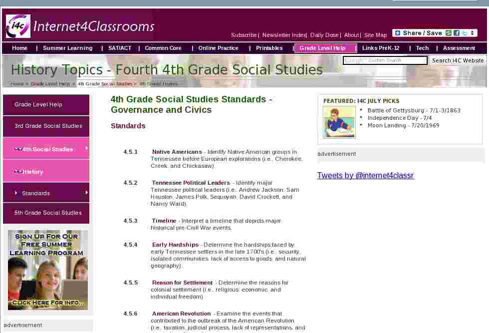 History Topics Fourth 4th Grade Social Studies Standards at I4C