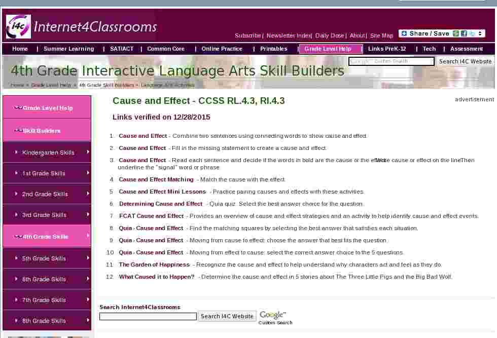 Fourth Grade Language Skill Builders - Cause and Effect