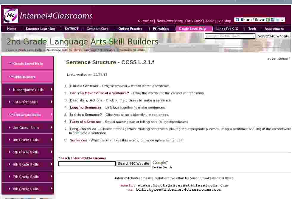 Sentence Structure -Second (2nd) Grade Skill Builders Language Arts at I4C