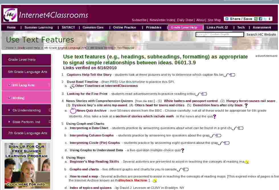 Use Text Features Sixth 6th Grade English Language Arts Standards
