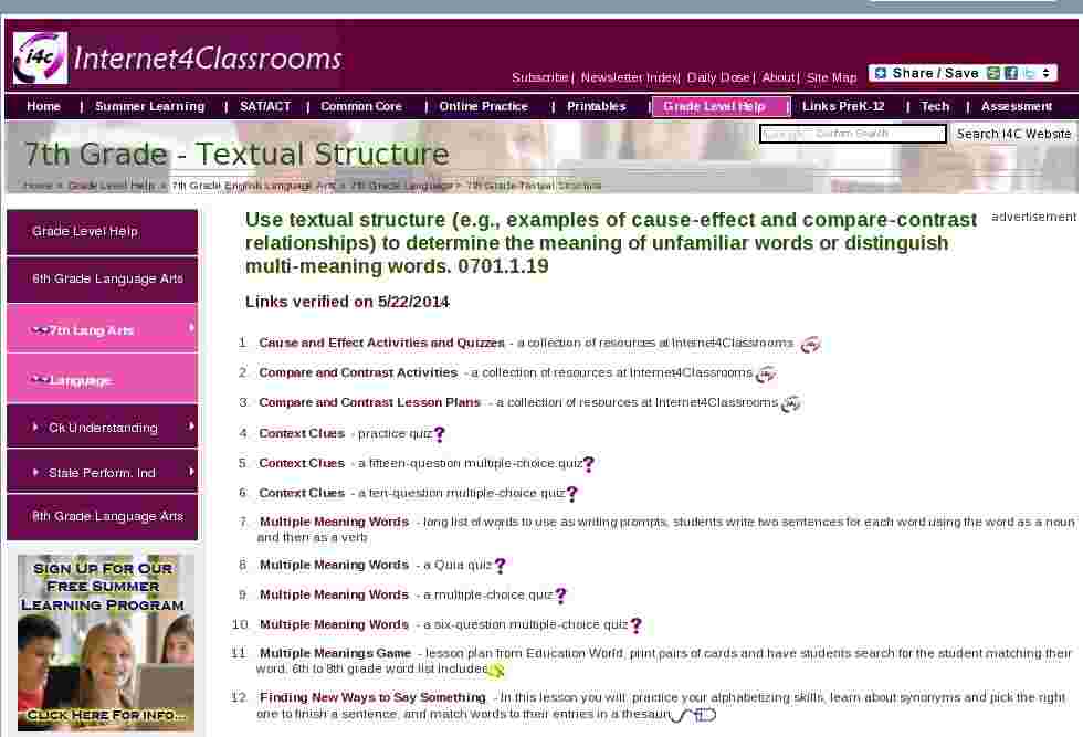 Textual Structure Seventh Grade English Language Arts Standards I4C
