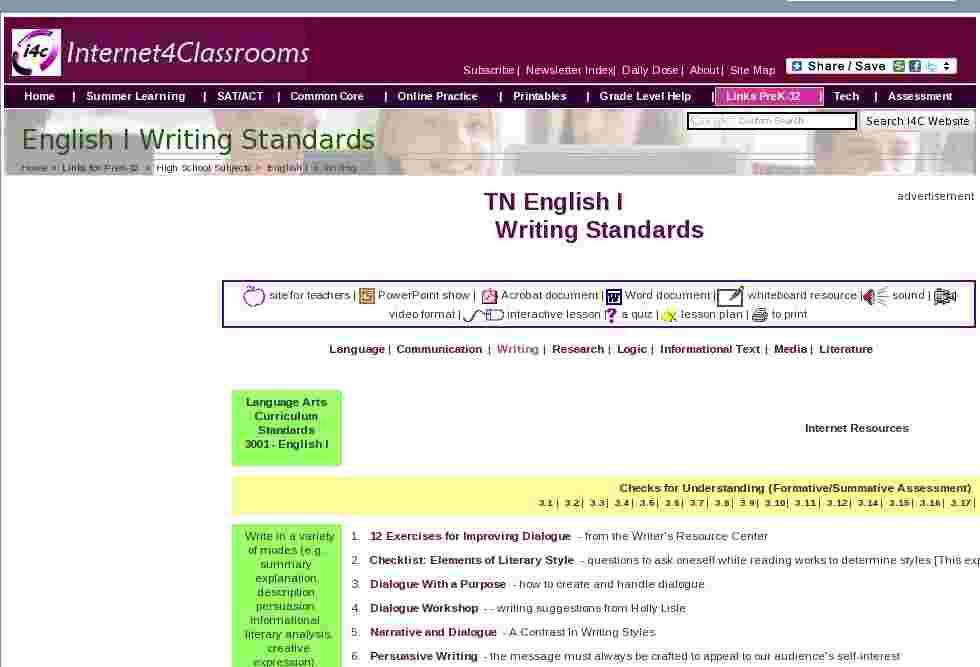 Writing Standards | Resources for use in English I classes I4C