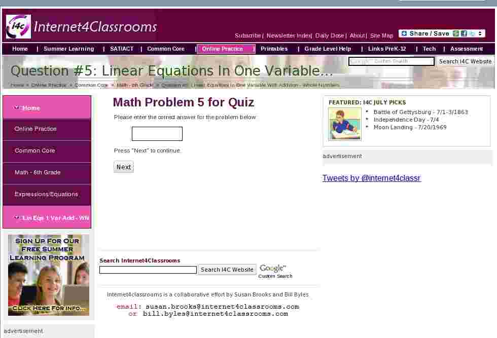 Question #5: Linear Equations in One Variable with Addition - Whole