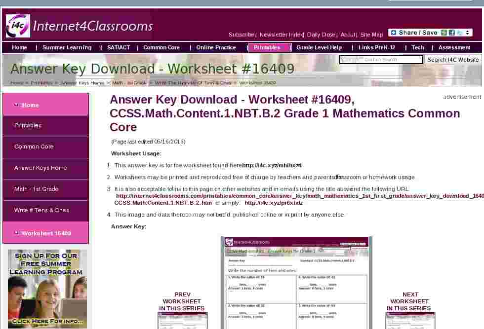 Answer Key Download - Worksheet #16409. CCSS.Math.Content.1.NBT.B.2