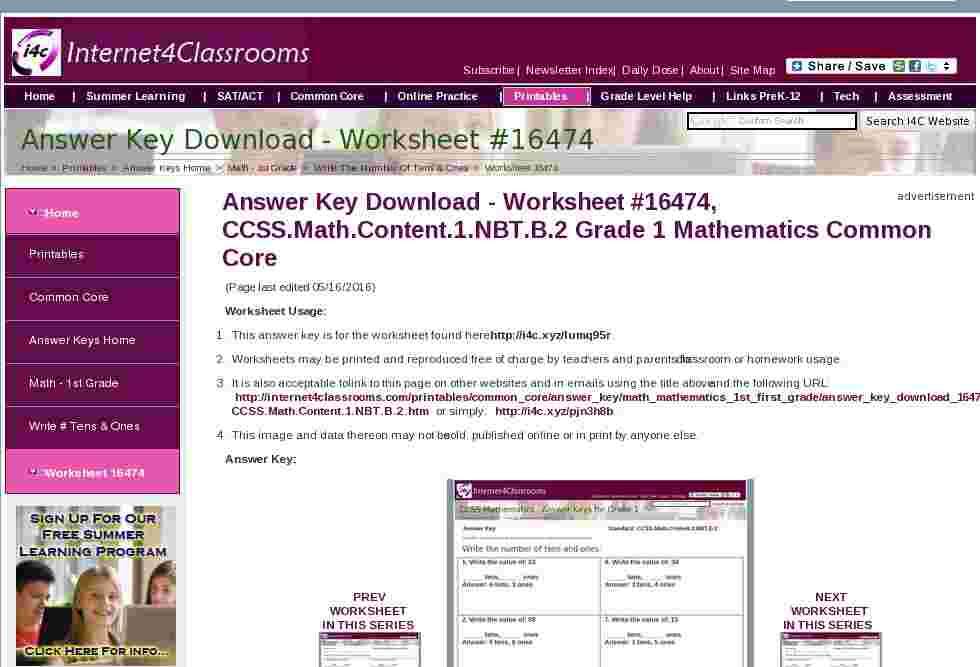 Answer Key Download - Worksheet #16474. CCSS.Math.Content.1.NBT.B.2