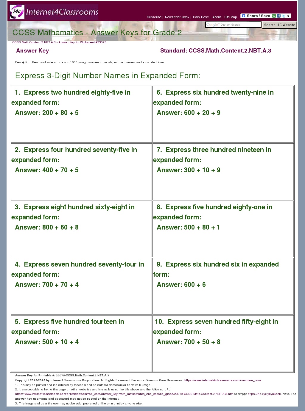 Answer Key Download - Worksheet #23075. CCSS.Math.Content.2.NBT.A.3
