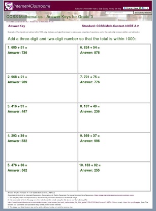 Answer Key Download - Worksheet #1138. CCSS.Math.Content.3.NBT.A.2