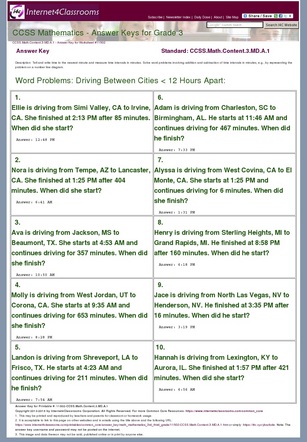 Answer Key Download - Worksheet #11502. CCSS.Math.Content.3.MD.A.1