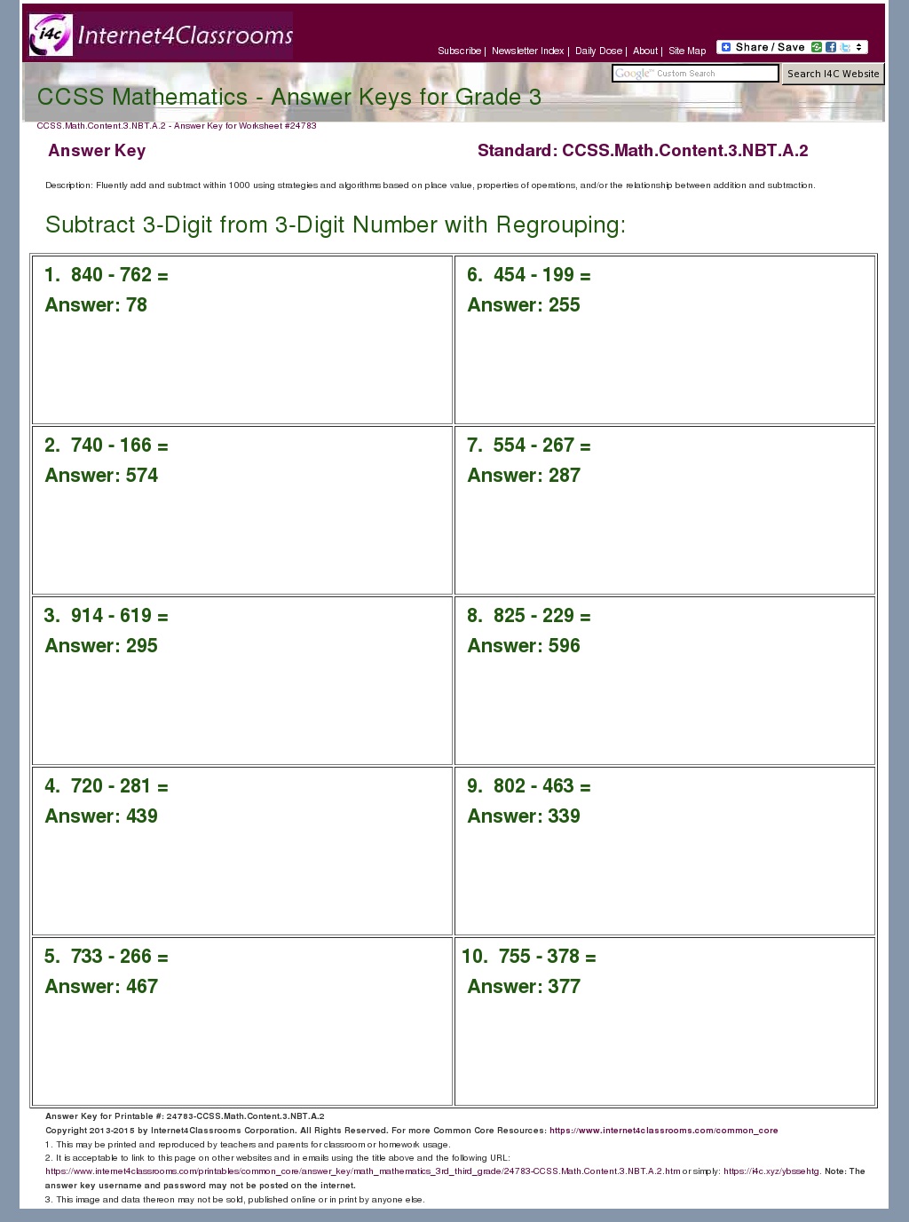 Answer Key Download - Worksheet #24783. CCSS.Math.Content.3.NBT.A.2