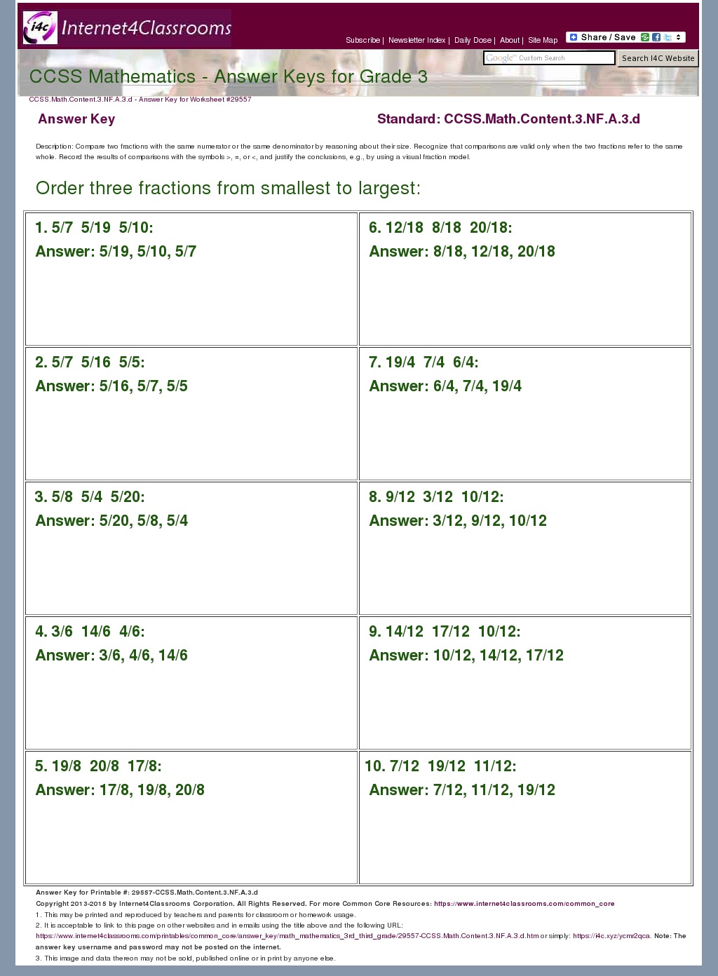 Answer Key Download - Worksheet #29557. CCSS.Math.Content.3.NF.A.3.d