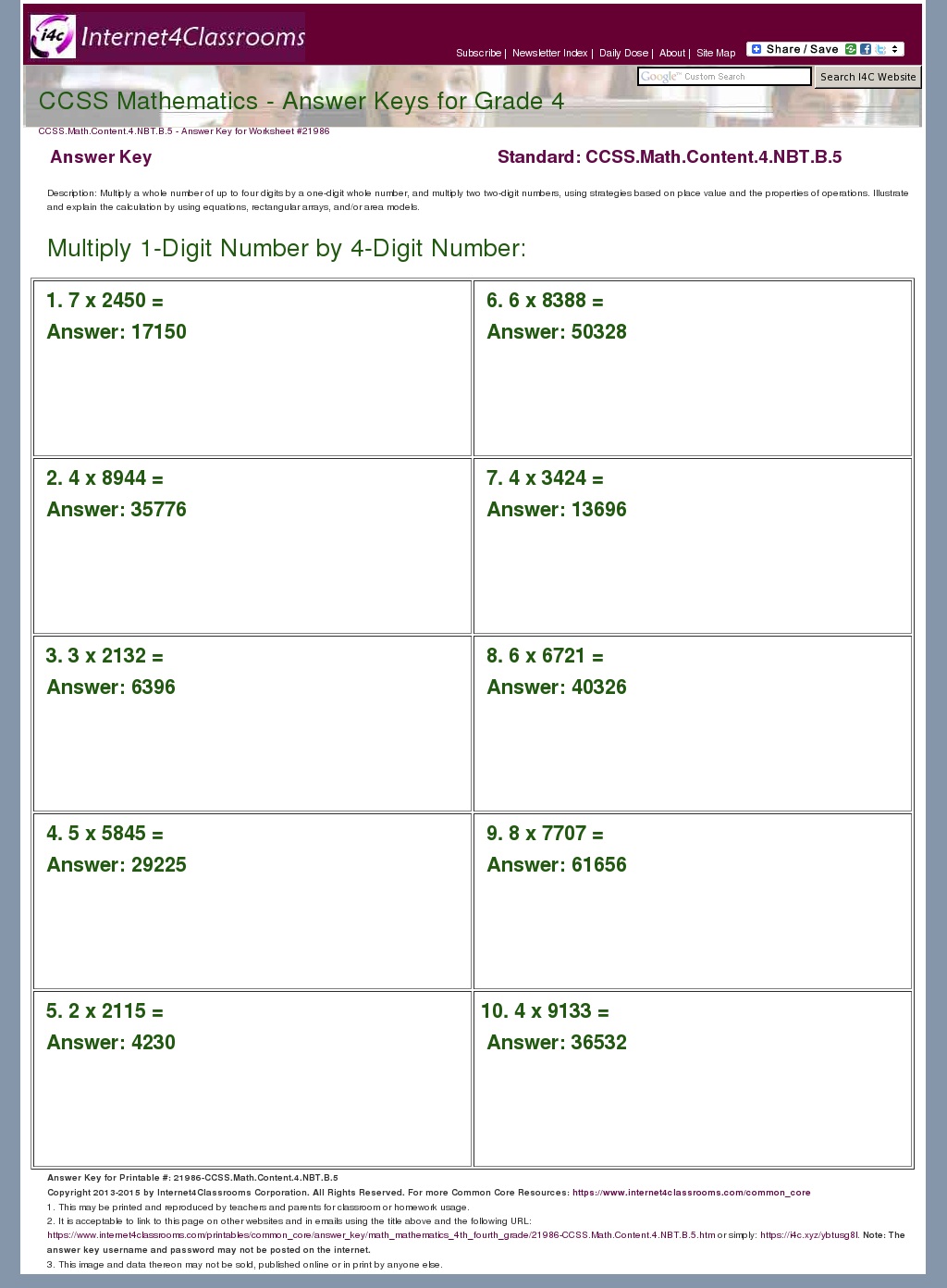 Answer Key Download - Worksheet #21986. CCSS.Math.Content.4.NBT.B.5