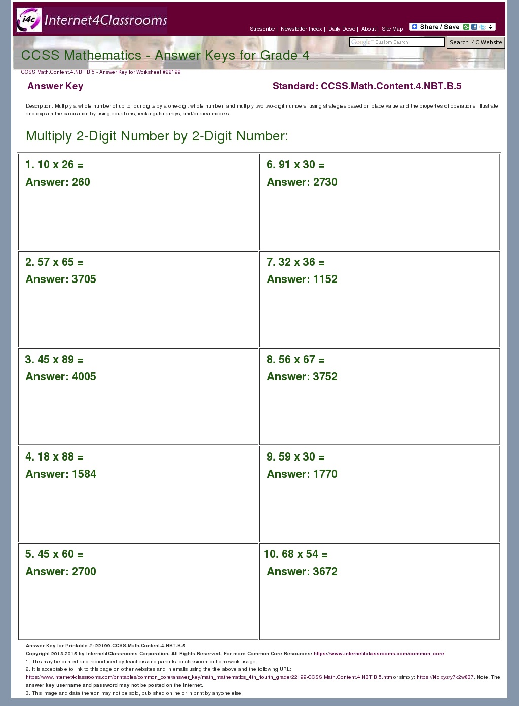 Answer Key Download - Worksheet #22199. CCSS.Math.Content.4.NBT.B.5
