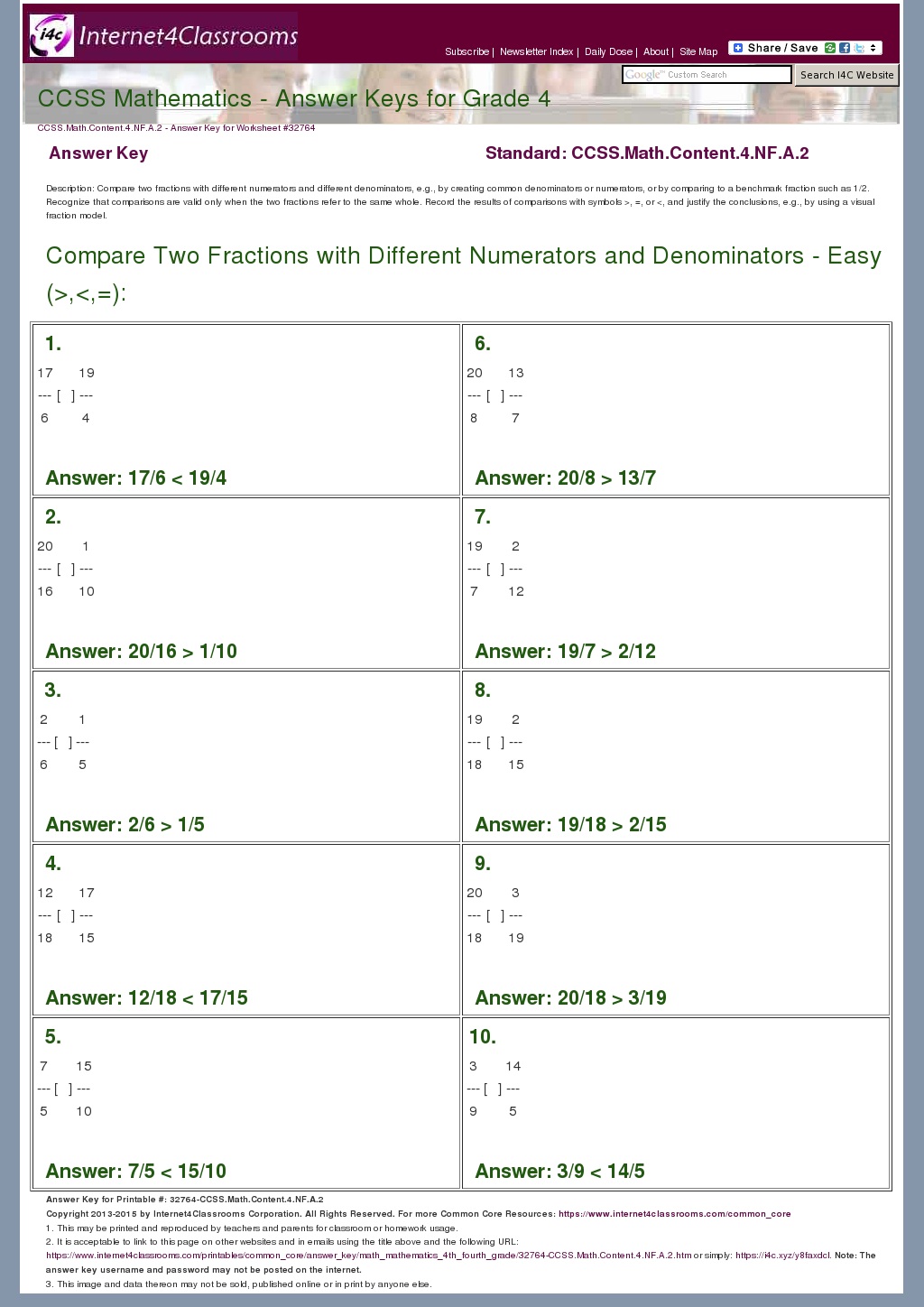 Answer Key Download - Worksheet #32764. CCSS.Math.Content.4.NF.A.2