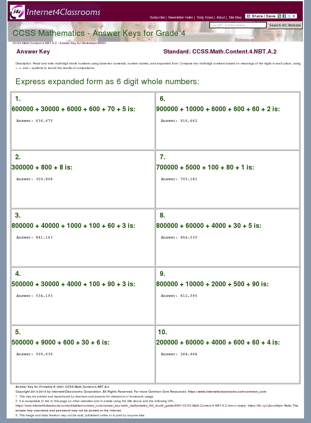 Answer Key Download - Worksheet #9501. CCSS.Math.Content.4.NBT.A.2