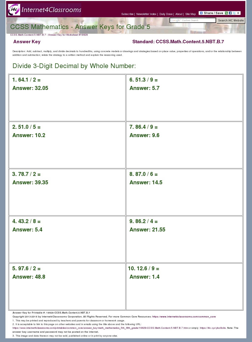 Answer Key Download - Worksheet #19829. CCSS.Math.Content.5.NBT.B.7