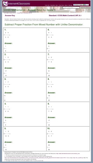 Answer Key Download - Worksheet #29128. CCSS.Math.Content.5.NF.A.1