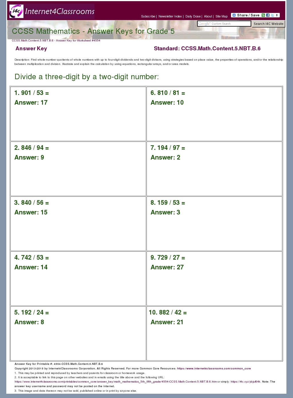Answer Key Download - Worksheet #4554. CCSS.Math.Content.5 ...