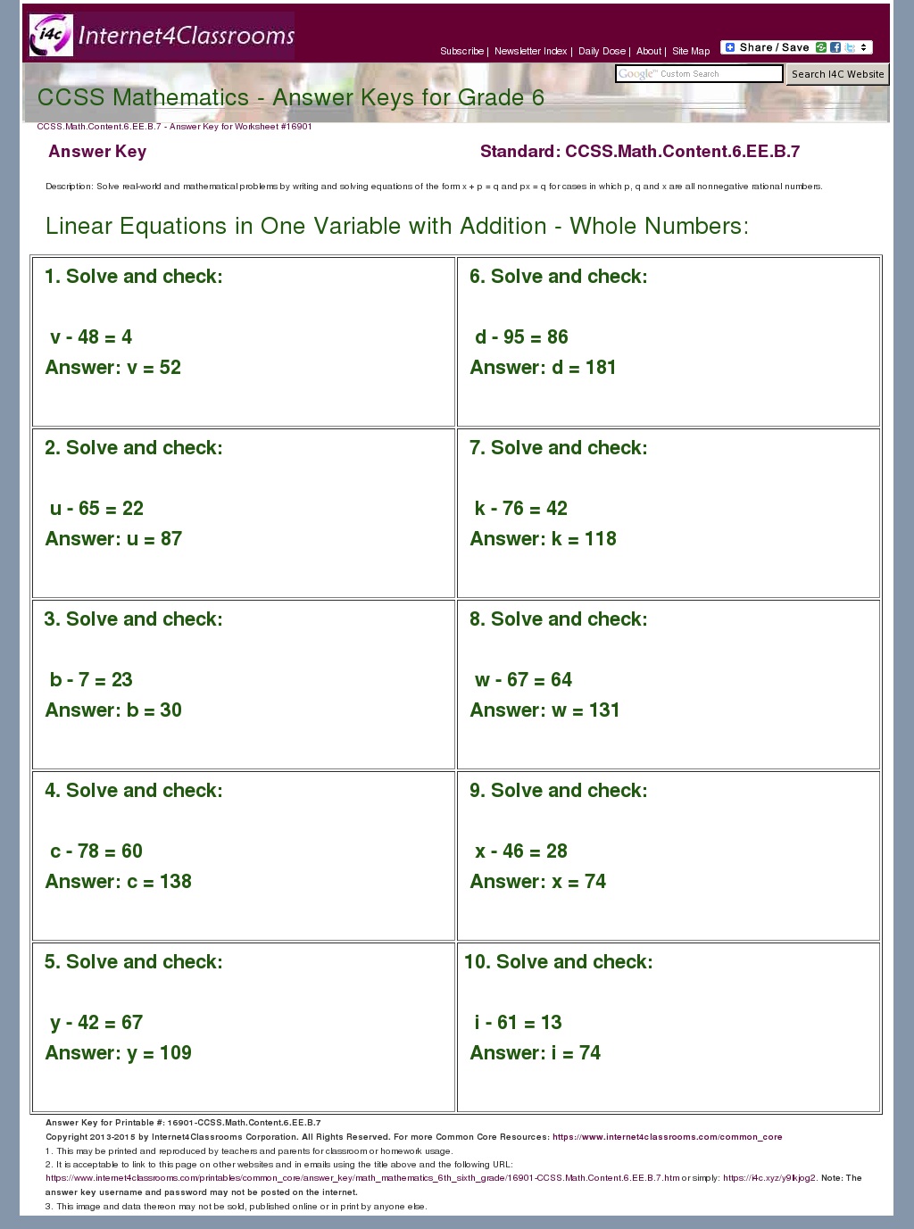 Answer Key Download - Worksheet #16901. CCSS.Math.Content.6.EE.B.7