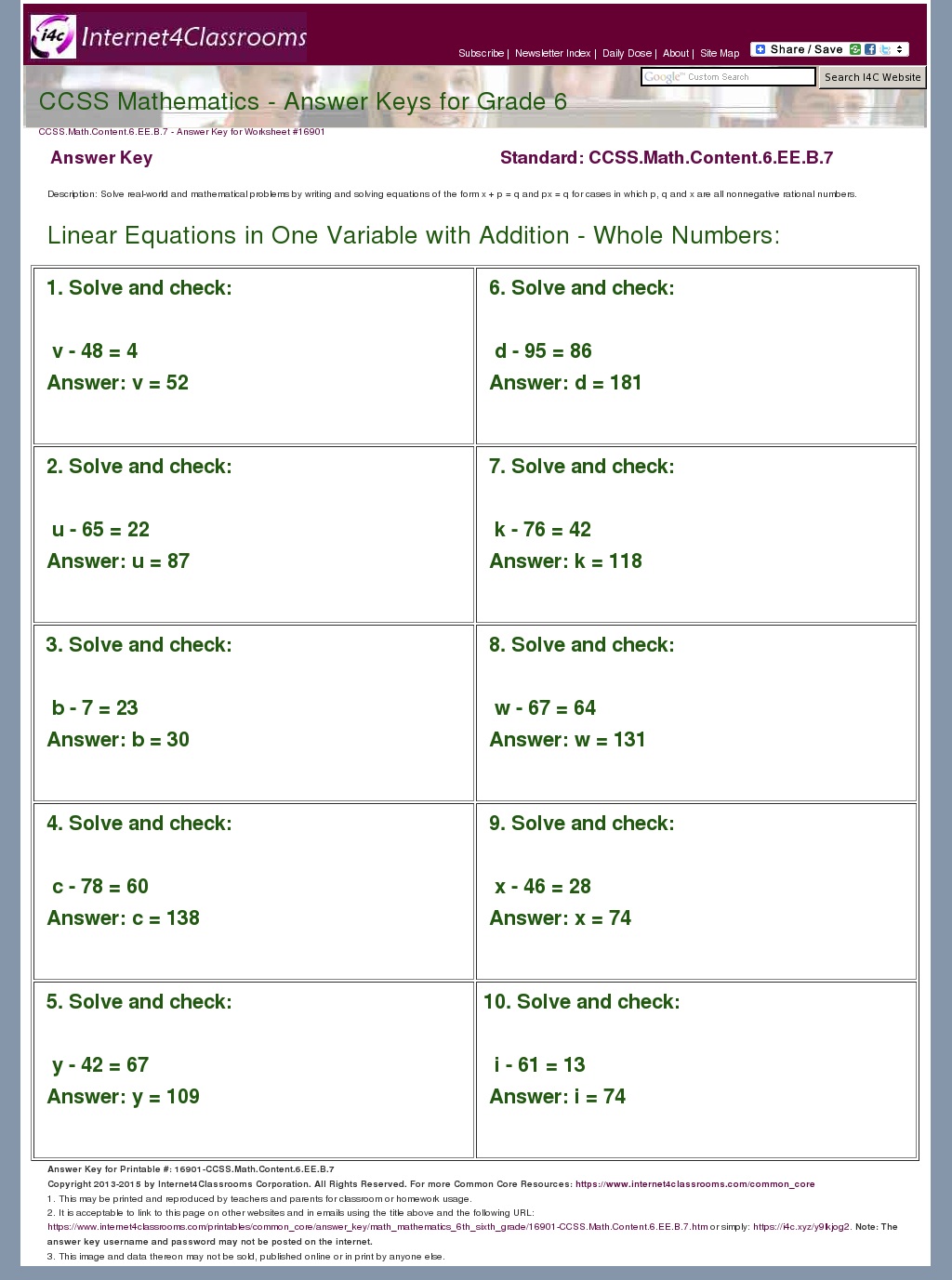 Answer Key Download  Worksheet 16901. CCSS.Math.Content.6.EE.B.7