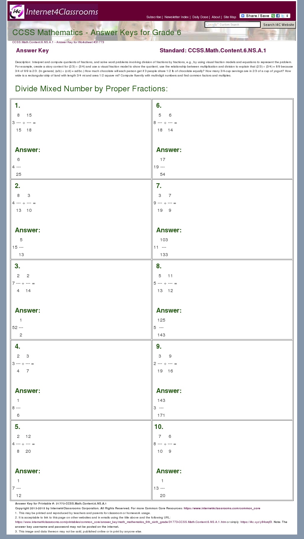 Answer Key Download - Worksheet #31773. CCSS.Math.Content.6.NS.A.1