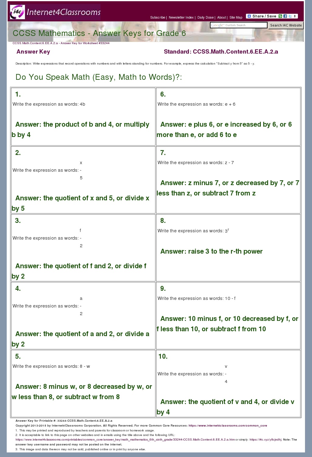 Answer Key Download - Worksheet #33244. CCSS.Math.Content.6.EE.A.2.a