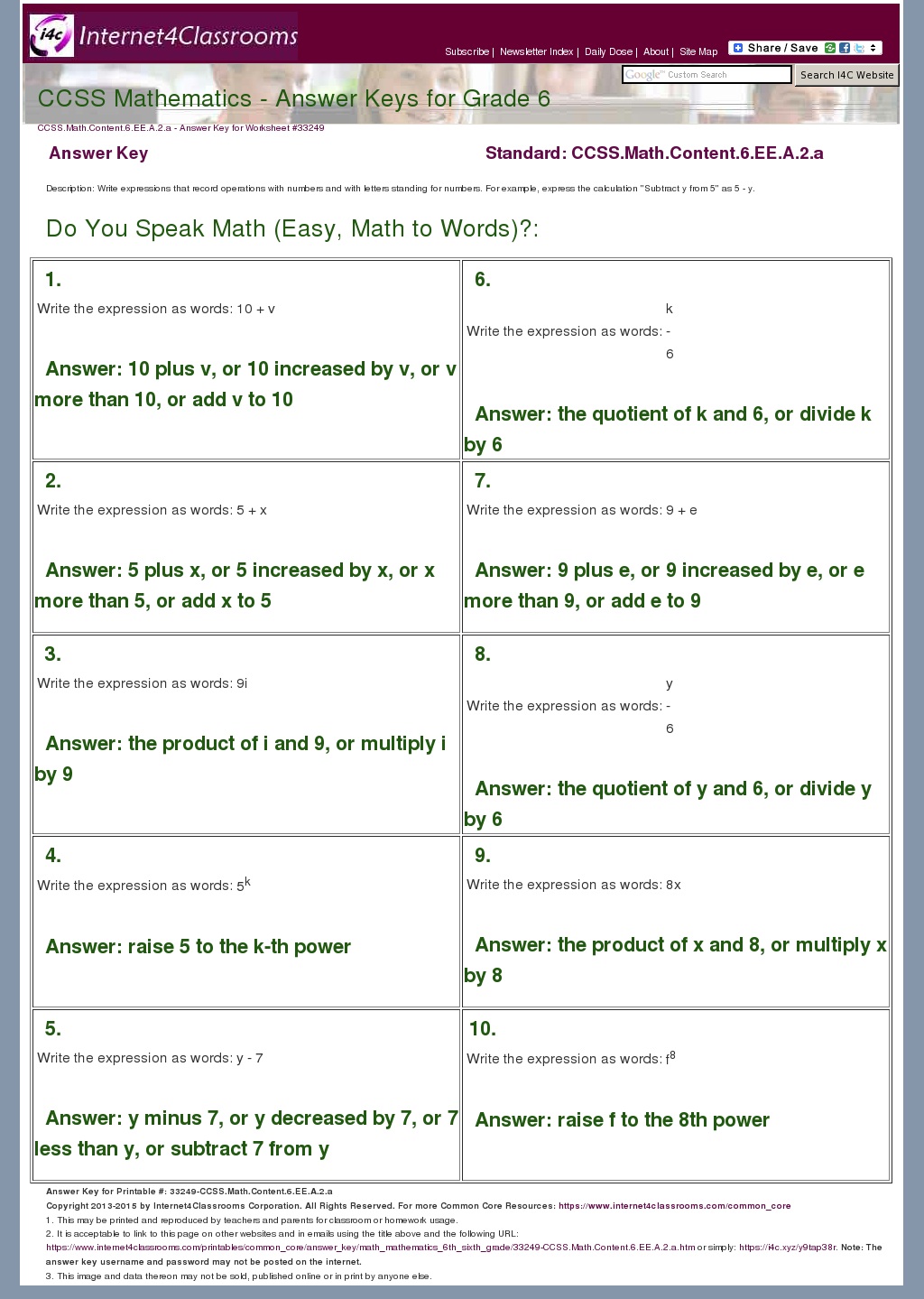 Answer Key Download - Worksheet #33249. CCSS.Math.Content.6.EE.A.2.a