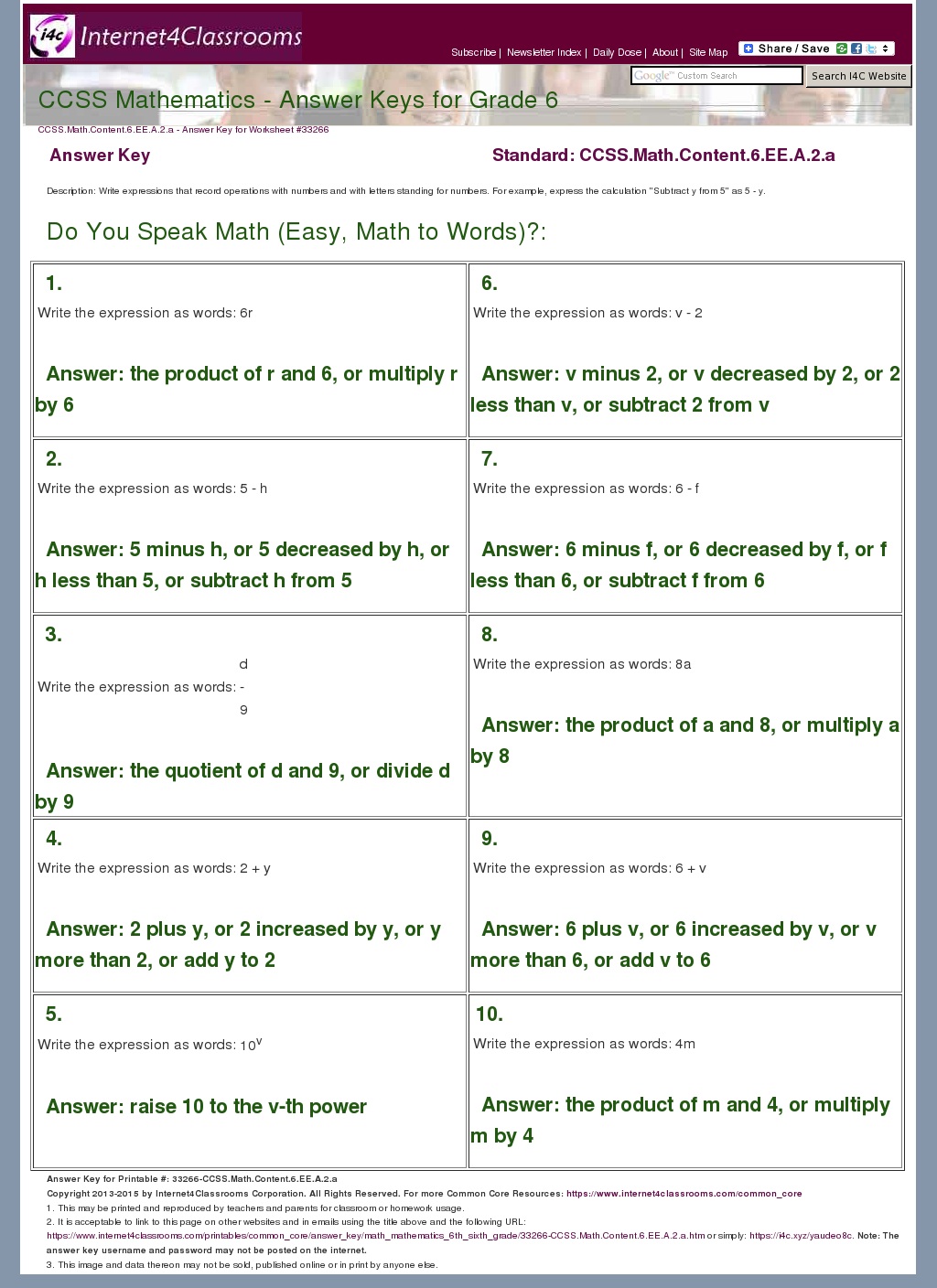Answer Key Download - Worksheet #33266. CCSS.Math.Content.6.EE.A.2.a