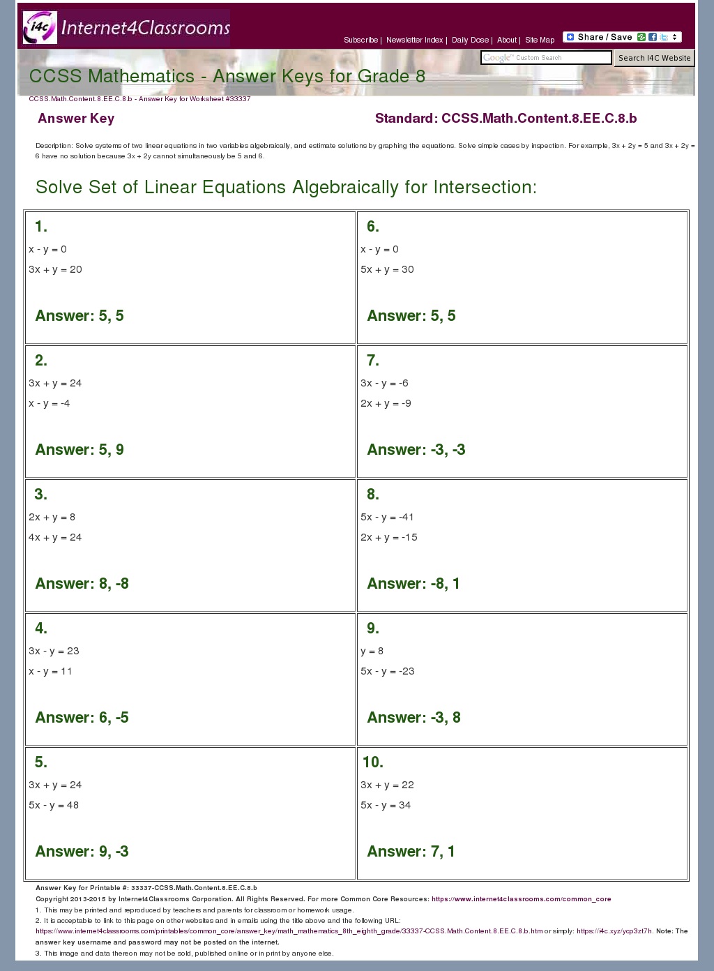 Answer Key Download - Worksheet #33337. CCSS.Math.Content.8.EE.C.8.b