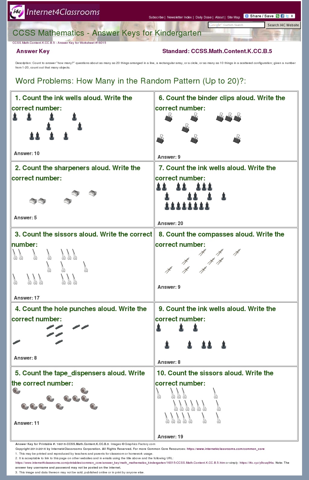 Answer Key Download Worksheet 16015. CCSS.Math.Content.K.CC.B.5