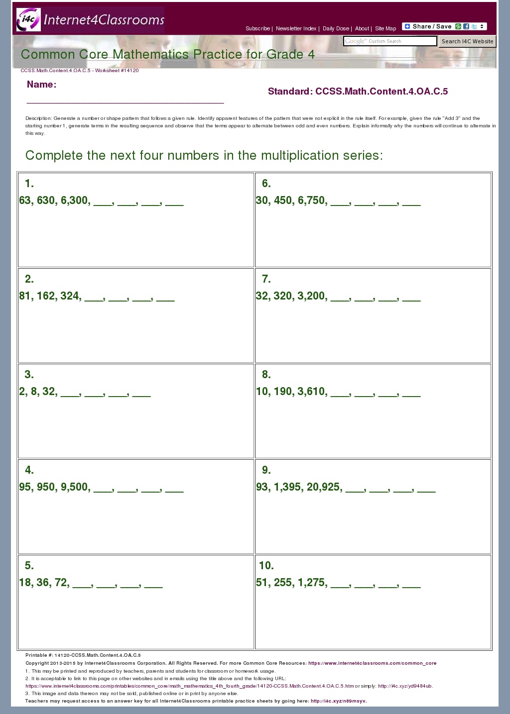 Description/Download  Worksheet 14120. CCSS.Math.Content.4.OA.C.5