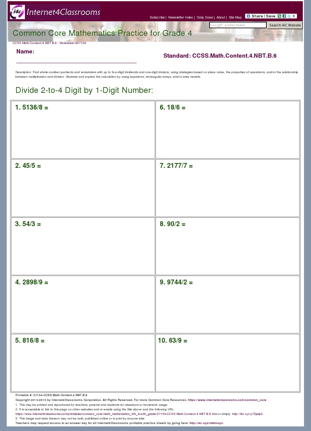 Description Download Worksheet CCSS Math Content