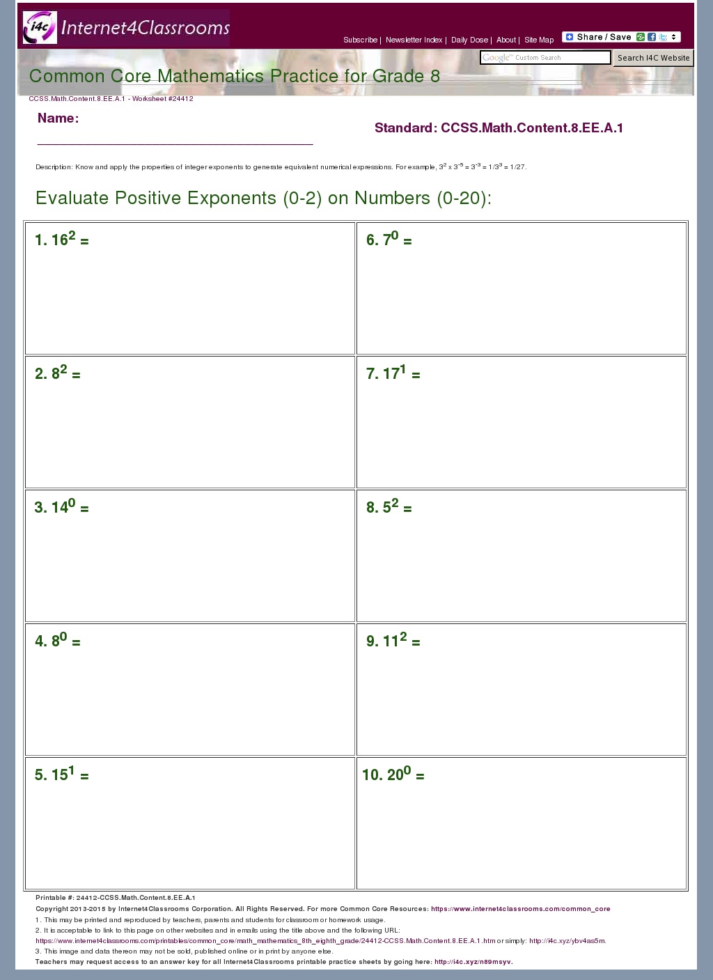 Description/Download - Worksheet #24412. CCSS.Math.Content.8.EE.A.1