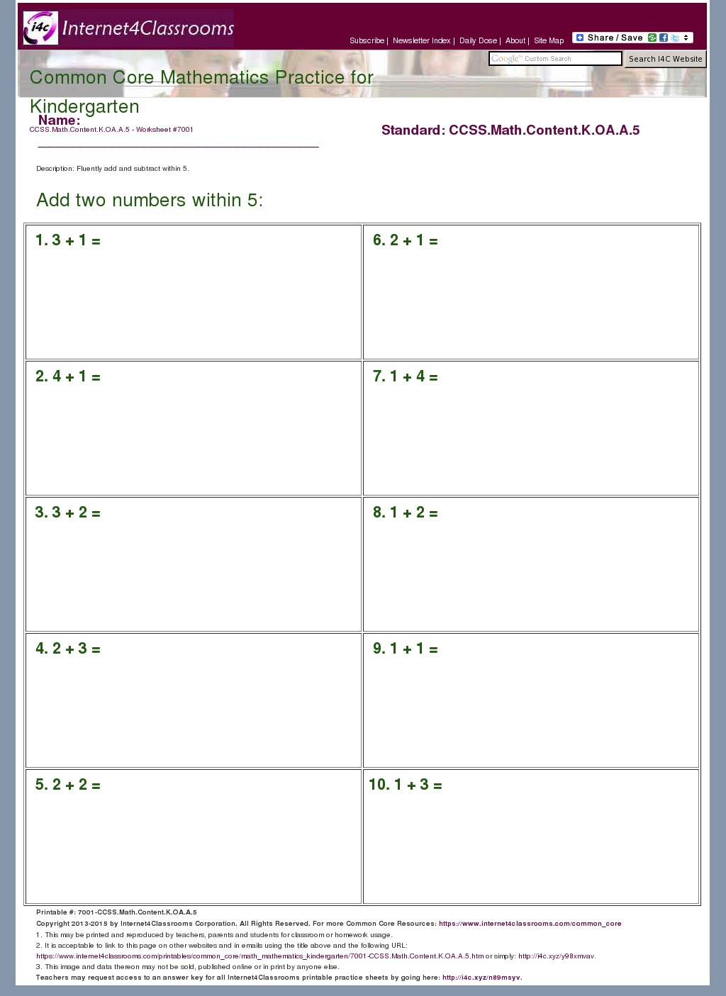 Description Download Worksheet 7001 CCSS Math Content