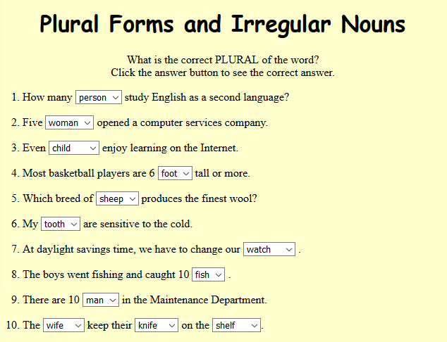 Choose the correct form of the word. Choose the correct plural form.. Watch plural. Fish plural form. Irregular plurals choose the correct answer.