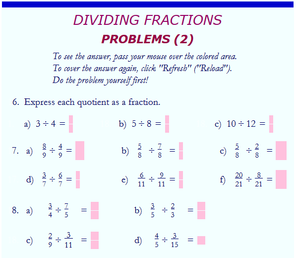 sixth grade interactive math skills divide fractions